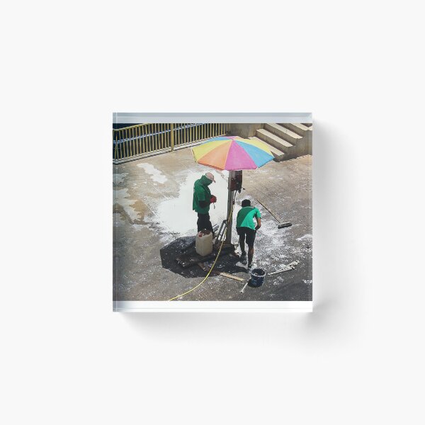 Item preview, Urban Street Cleaners Working Under Colorful Umbrella Cleaning Pavement With Brooms And Water designed and sold by Nmallia.