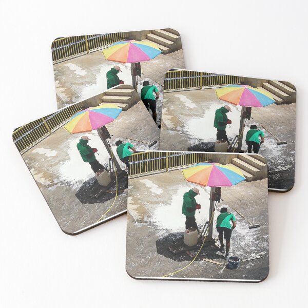 Item preview, Urban Street Cleaners Working Under Colorful Umbrella Cleaning Pavement With Brooms And Water designed and sold by Nmallia.