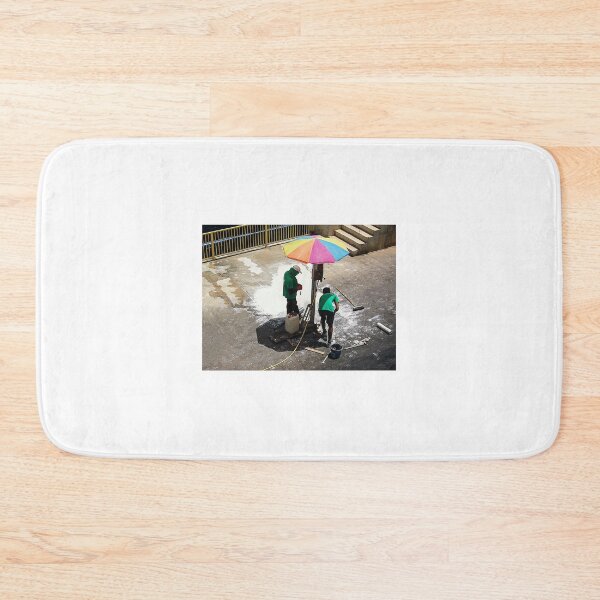 Item preview, Urban Street Cleaners Working Under Colorful Umbrella Cleaning Pavement With Brooms And Water designed and sold by Nmallia.