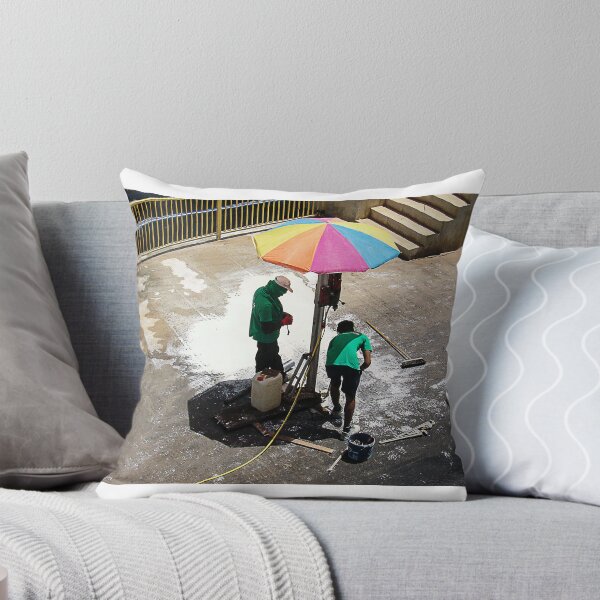 Item preview, Urban Street Cleaners Working Under Colorful Umbrella Cleaning Pavement With Brooms And Water designed and sold by Nmallia.