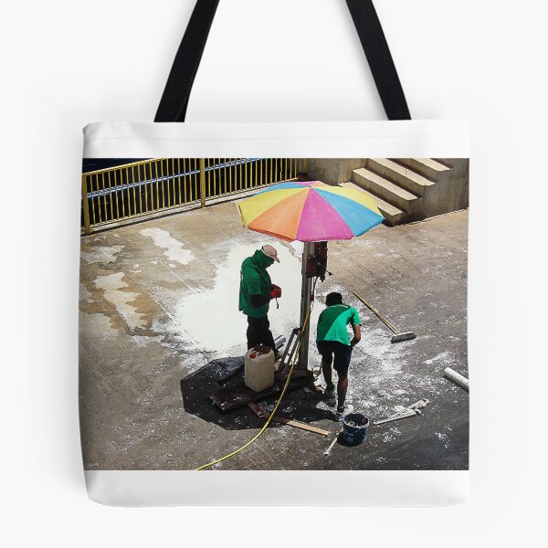Item preview, Urban Street Cleaners Working Under Colorful Umbrella Cleaning Pavement With Brooms And Water designed and sold by Nmallia.
