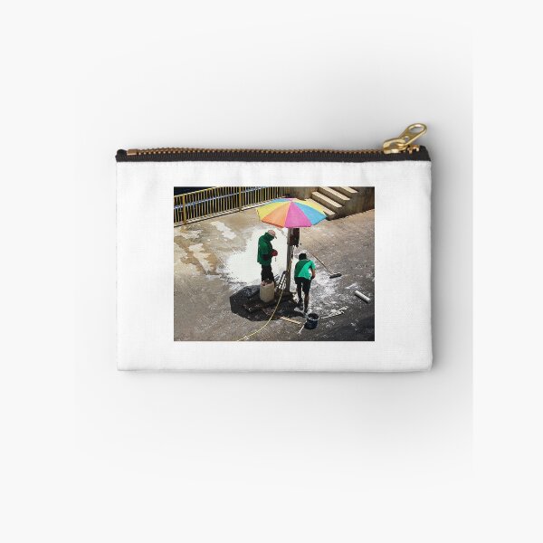 Item preview, Urban Street Cleaners Working Under Colorful Umbrella Cleaning Pavement With Brooms And Water designed and sold by Nmallia.