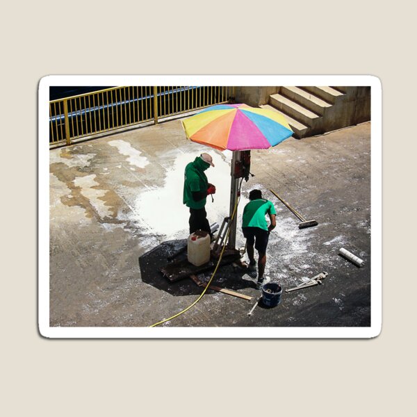 Item preview, Urban Street Cleaners Working Under Colorful Umbrella Cleaning Pavement With Brooms And Water designed and sold by Nmallia.