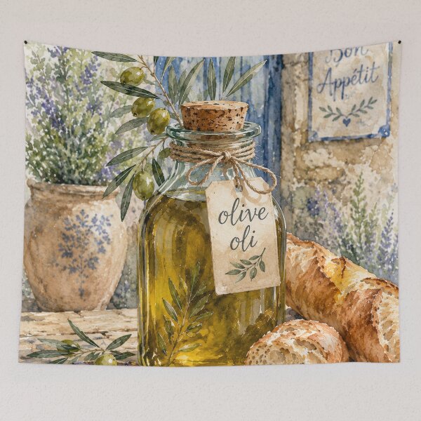 Item preview, Mediterranean Olive Oil & Rustic Bread Watercolor Art designed and sold by TheSlowShore.