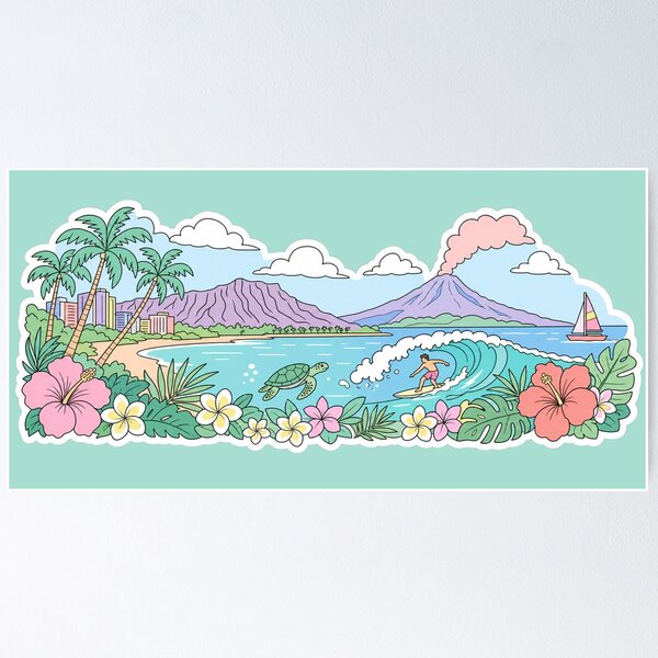 Item preview, Hawaii Landscape Sticker | Pastel Hawaii Skyline | Tropical Island Sticker | Hawaii Travel Gift designed and sold by EmberPageStudio.