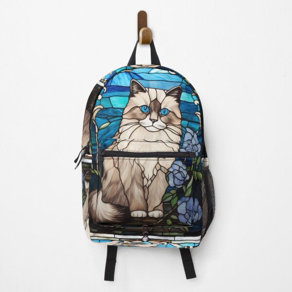 Item preview, Stained Glass Ragdoll Cat Art with Blue Roses designed and sold by pinkal.