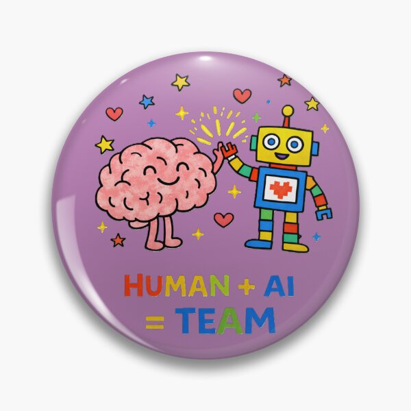 Artikelvorschau, Mensch + KI = Team – Niedliche Illustration einer Freundschaft zwischen Gehirn und Roboter entworfen und verkauft von OrbitOfMind.