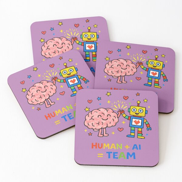 Item preview, Human + AI = Team – Cute Brain and Robot Friendship Illustration designed and sold by OrbitOfMind.