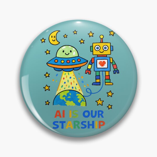 Item preview, AI Is Our Starship – Cute Robot and UFO Space Coding Illustration designed and sold by OrbitOfMind.