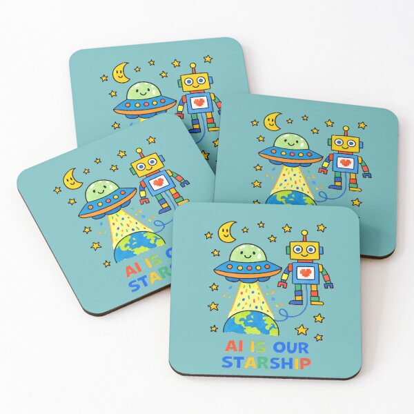Item preview, AI Is Our Starship – Cute Robot and UFO Space Coding Illustration designed and sold by OrbitOfMind.
