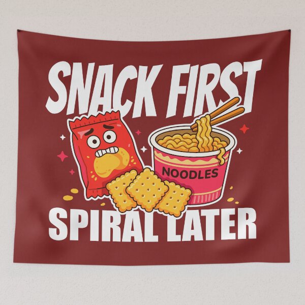 Item preview, Snack First, Spiral Later – Funny Snack Food Illustration with Nervous Chips & Noodles designed and sold by Skryp-art.