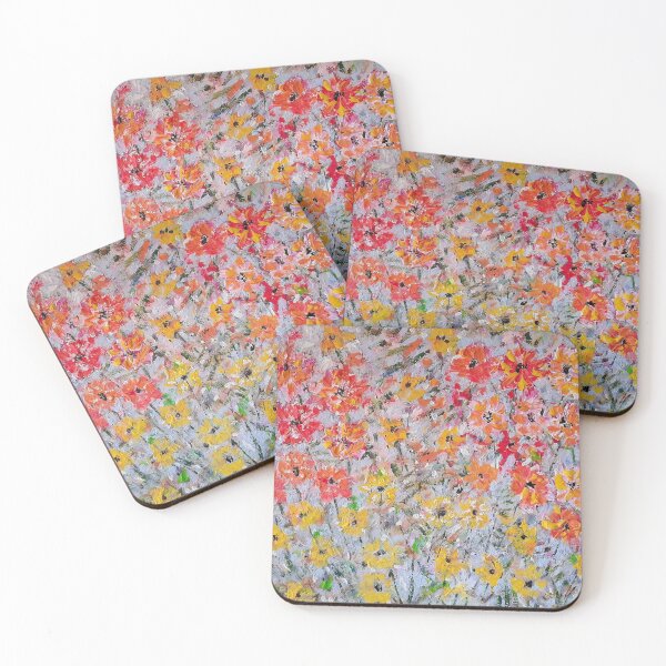 Item preview, abstract textured handmade acrylic red yellow blue flowers painting designed and sold by ArtistSunny.