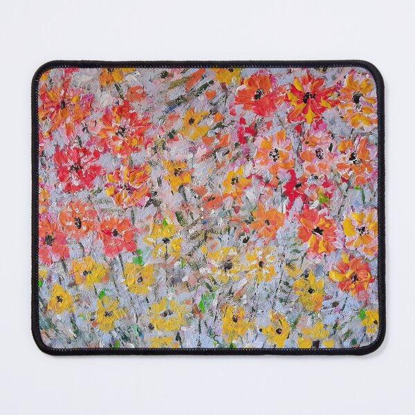 Item preview, abstract textured handmade acrylic red yellow blue flowers painting designed and sold by ArtistSunny.