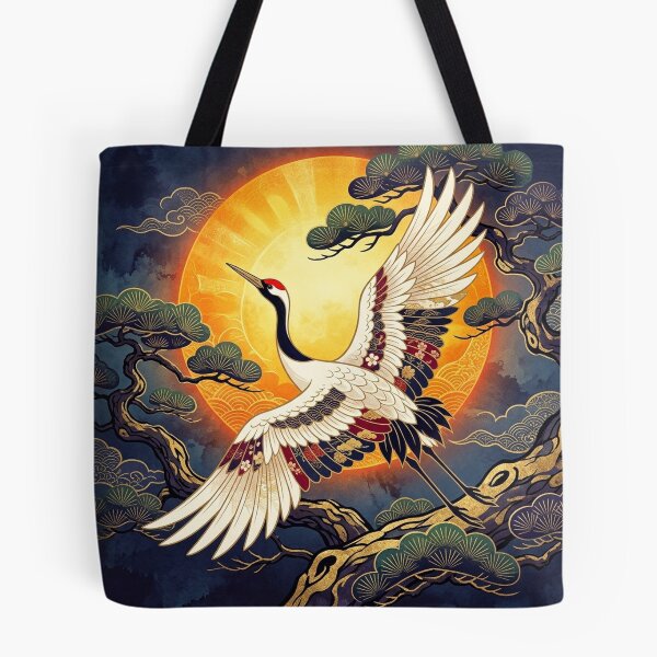 Item preview, Elegant Japanese Crane and Golden Sunrise - Traditional Kimono Pattern Art designed and sold by Hikariha Studio.