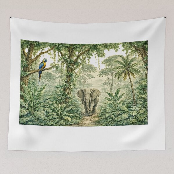 Item preview, Green Majestic Jungle Wildlife Wall Art Print | Tropical Forest Animal Mural Decor | Nature Nursery Artwork designed and sold by Hookesmode.