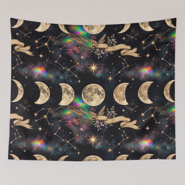 Item preview, Celestial Moon Phases Psychedelic Fabric Pattern designed and sold by IntelliMindDesigns.