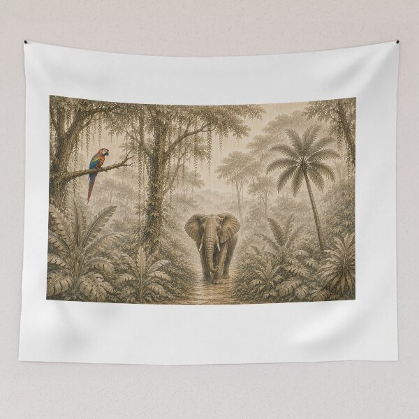 Item preview, Beige Majestic Jungle Wildlife Wall Art Print | Tropical Forest Animal Mural Decor | Nature Nursery Artwork designed and sold by Hookesmode.