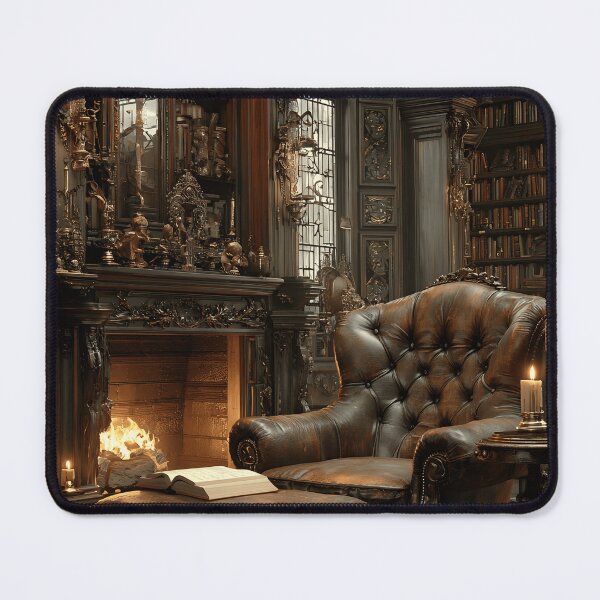 Item preview, Dark Academia Reading Nook Print, Leather Armchair Fireplace Wall Art, Cozy Victorian Study Decor designed and sold by ObscuraWallArt.