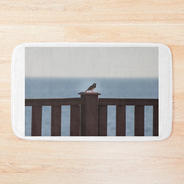 Item preview, Small Bird Perched on Wooden Railing Overlooking Calm Ocean Horizon at Dawn, Seaside View designed and sold by Nmallia.