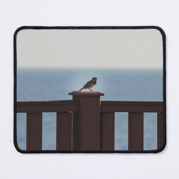Item preview, Small Bird Perched on Wooden Railing Overlooking Calm Ocean Horizon at Dawn, Seaside View designed and sold by Nmallia.