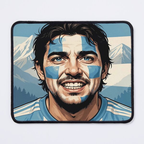 Item preview, Passionate Argentinian fan in vintage sportswear style in front of an abstract landscape scene designed and sold by FotoworldEdel.
