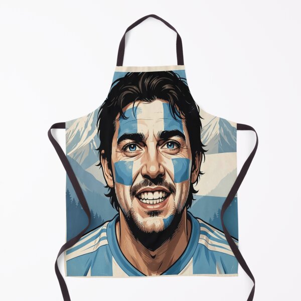 Item preview, Passionate Argentinian fan in vintage sportswear style in front of an abstract landscape scene designed and sold by FotoworldEdel.