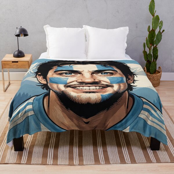 Item preview, Passionate Argentinian fan in vintage sportswear style in front of an abstract landscape scene designed and sold by FotoworldEdel.