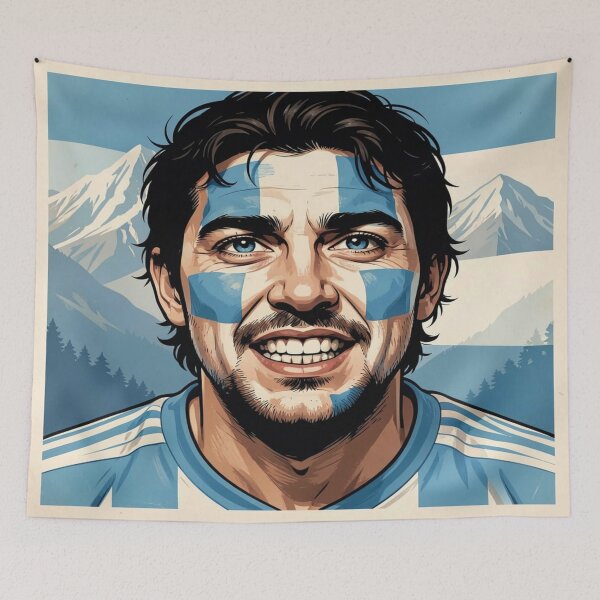 Item preview, Passionate Argentinian fan in vintage sportswear style in front of an abstract landscape scene designed and sold by FotoworldEdel.