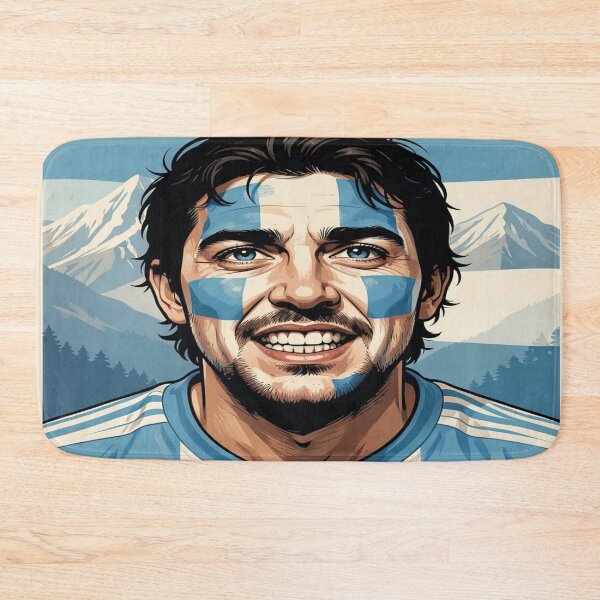 Item preview, Passionate Argentinian fan in vintage sportswear style in front of an abstract landscape scene designed and sold by FotoworldEdel.