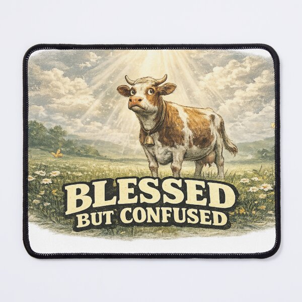 Item preview, Blessed But Confused Divine Light Cow Field Art – Funny Faith Humor | Relatable Life Gift designed and sold by irfanshikh.