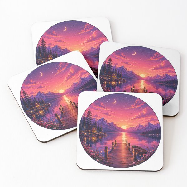 Item preview, Magical Mountain Lake Sunset Pier Cozy Cabin Painting designed and sold by Seculinator.