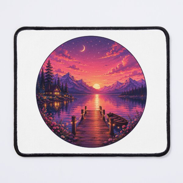 Item preview, Magical Mountain Lake Sunset Pier Cozy Cabin Painting designed and sold by Seculinator.