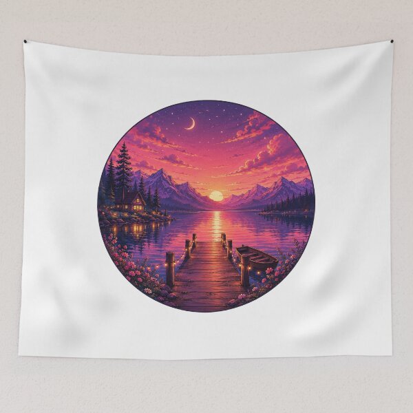 Item preview, Magical Mountain Lake Sunset Pier Cozy Cabin Painting designed and sold by Seculinator.