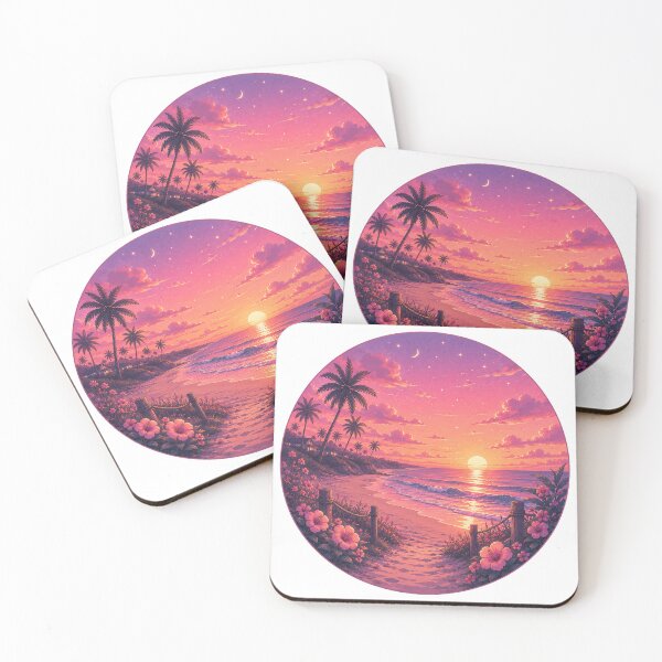 Item preview, Magical Tropical Beach Sunset Pink Hibiscus Flowers Painting designed and sold by Seculinator.