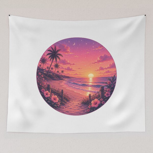 Item preview, Magical Tropical Beach Sunset Pink Hibiscus Flowers Painting designed and sold by Seculinator.