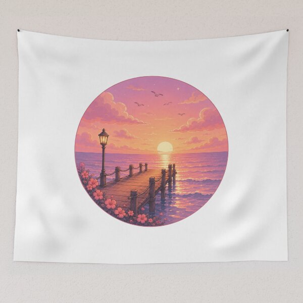Item preview, Magical Ocean Sunset Wooden Pier Streetlight Circle Painting designed and sold by Seculinator.