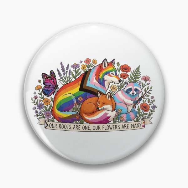 Item preview, Our Roots Are One Our Flowers Are Many Rainbow Woodland Animals LGBTQ Pride Fox Wolf Raccoon Butterfly Floral Art designed and sold by Kate1art.