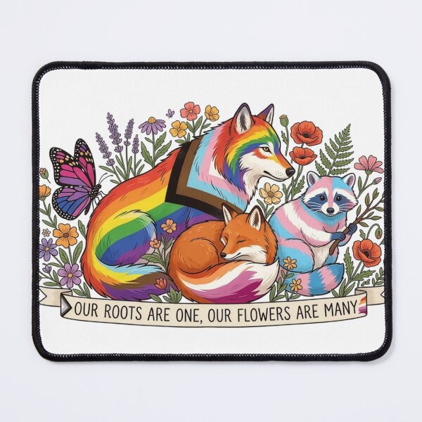 Item preview, Our Roots Are One Our Flowers Are Many Rainbow Woodland Animals LGBTQ Pride Fox Wolf Raccoon Butterfly Floral Art designed and sold by Kate1art.