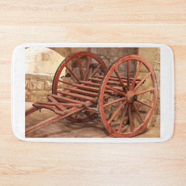 Item preview, Antique Red Wooden Cart With Large Spoked Wheels in Stone Cellar Museum Display designed and sold by Nmallia.