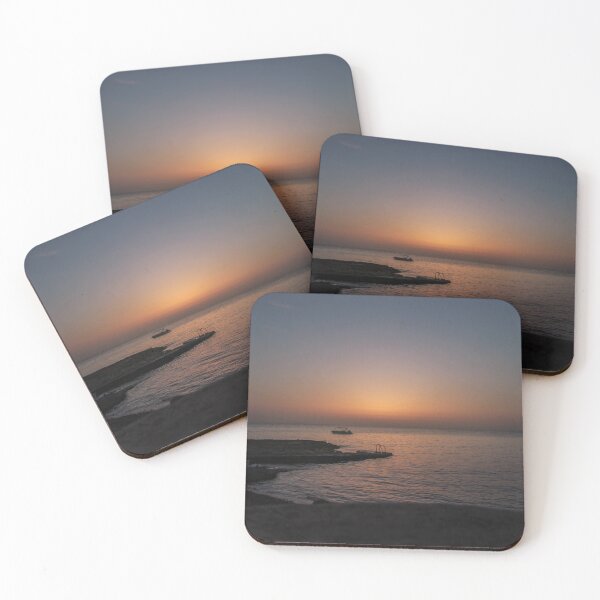 Item preview, Quiet Sunset Over Calm Sea With Small Boat Near Rocky Pier and Ladder at Dusk designed and sold by Nmallia.