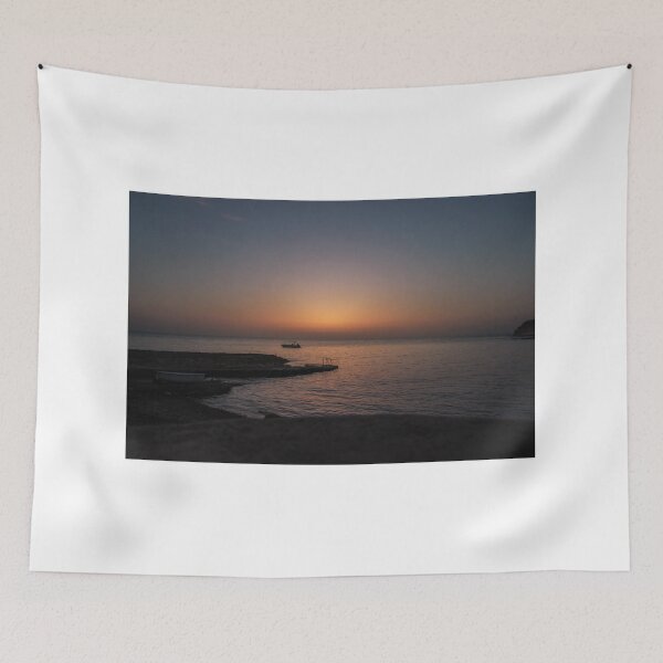 Item preview, Quiet Sunset Over Calm Sea With Small Boat Near Rocky Pier and Ladder at Dusk designed and sold by Nmallia.