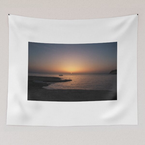 Item preview, Quiet Sunset Over Calm Sea With Small Boat Near Rocky Pier and Ladder at Dusk designed and sold by Nmallia.