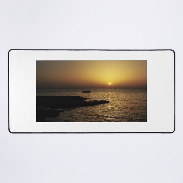 Item preview, Quiet Sunset Over Calm Sea With Small Boat Near Rocky Pier and Ladder at Dusk designed and sold by Nmallia.