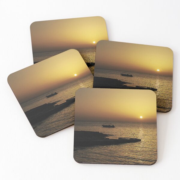 Item preview, Quiet Sunset Over Calm Sea With Small Boat Near Rocky Pier and Ladder at Dusk designed and sold by Nmallia.