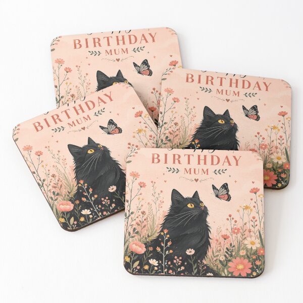 Item preview,  Happy Birthday Mum Greeting Card – Cute Black Cat Floral Butterfly Wildflower Garden Birthday Card for Mum designed and sold by IconicDesignsXd.