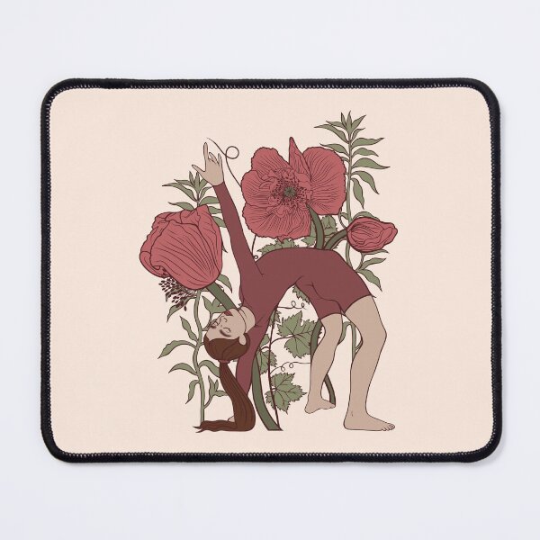 Item preview, Sophisticated vintage-style print of a woman doing a deep backbend (wheel pose) gracefully bending beneath tall stems of blooming poppies. Symbol of energy opening and flexibility. designed and sold by Grin Katalina Floral Patterns & Cozy Art.