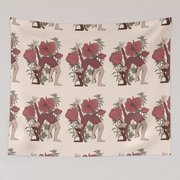 Item preview, Sophisticated vintage-style print of a woman doing a deep backbend (wheel pose) gracefully bending beneath tall stems of blooming poppies. Symbol of energy opening and flexibility. designed and sold by Grin Katalina Floral Patterns & Cozy Art.