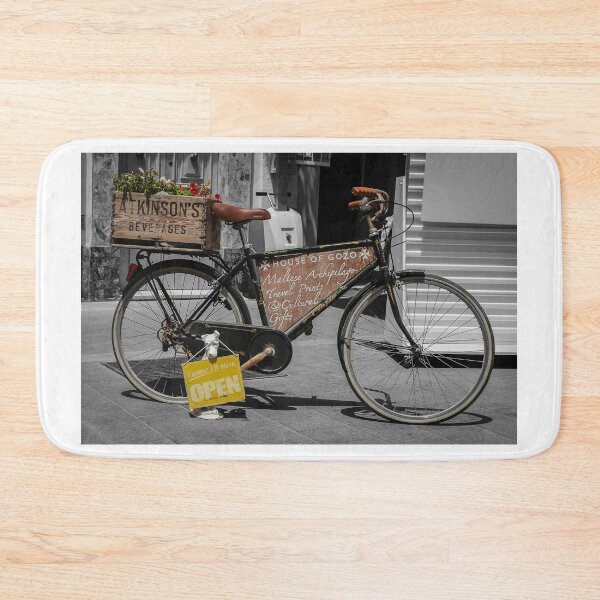 Item preview, Vintage Bicycle With Wooden Crate, Flowers And Open Sign Outside House Of Gozo Shop designed and sold by Nmallia.