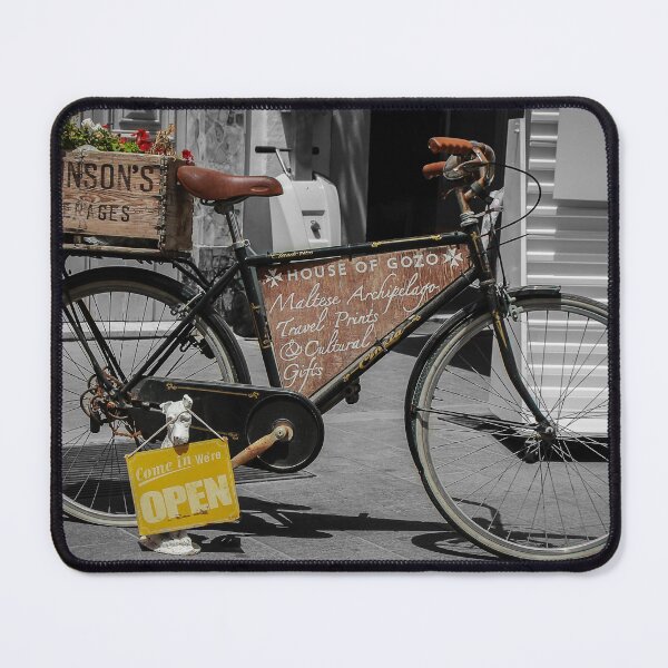Item preview, Vintage Bicycle With Wooden Crate, Flowers And Open Sign Outside House Of Gozo Shop designed and sold by Nmallia.