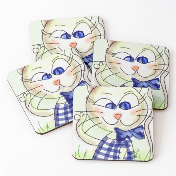 Item preview, Cute minimalist colorful whimsical cartoon vintage kitten with blue bow and checked dress walking on grass quote designed and sold by Shukasya-Arts.
